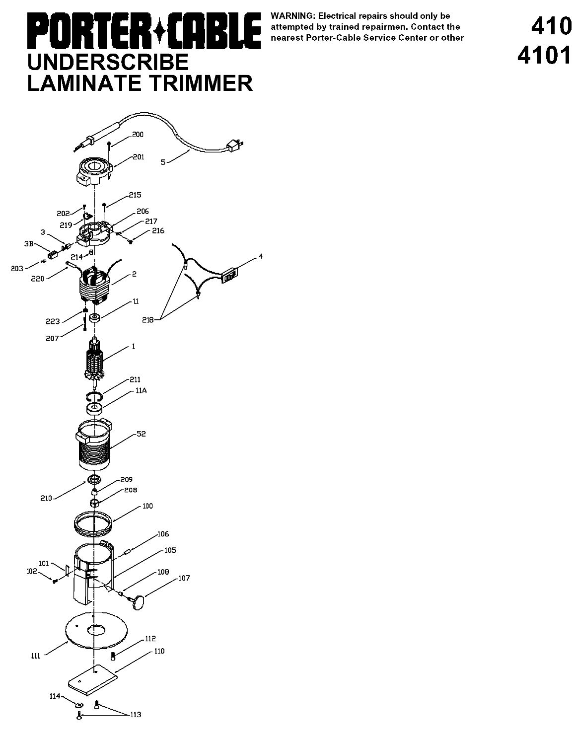 Default Diagram and Parts List for J-410 Type 1 Porter Cable Charger